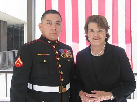 At a tour of the West Los Angeles Veterans Medical Center, Senator Feinstein meets with Lance Corporal Roger Machuca. (8/30/06)