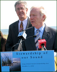 Senator Lieberman in Milford, CT, with Kurt Johnson from Connecticut Fund for the Environment/ Save our Sound, celebrating Senate passage of the Long Island Sound Stewardship Act