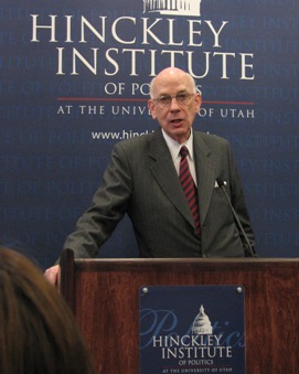 Senator Bennett speaking about foreign policy at the University of Utah's Hinckley Institute