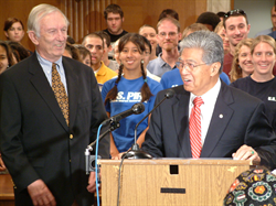Senator Jim Jeffords (I-VT) and Senator Akaka during a press conference to introduce the Global Warming Pollution Reduction Act of 2006.  Senator Akaka is an original cosponsor of the comprehensive bill authored by Sen. Jeffords to significantly reduce greenhouse gas emissions.
