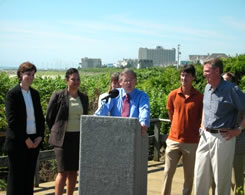 Senator Menendez, Representative Pallone, and representatives from NJPIRG, Surfrider foundation, Sierra Club, and Clean Ocean Action at Seven Presidents Beach in Long Branch New Jersey call for protecting our shore against off-shore drilling.style=