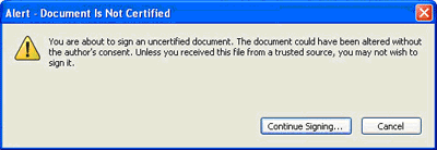 Document not certified warning