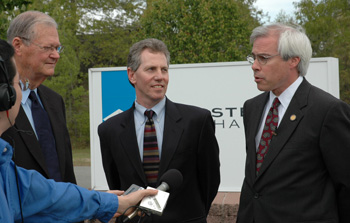Congressman Ike Skelton, Ranking Member of the Armed Service Committee; Jay Horrocks, President of Doncasters Inc.; and Congressman John Barrow speak with reporters immediately following their tour of the Effingham County plant.