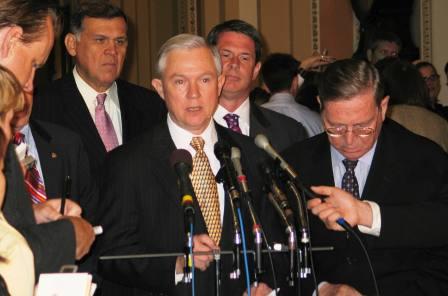 Sen. Sessions appears at a news conference on Iraq with Defense Secretary Rumsfeld, Secretary of State Rice, Senate Majority Leader Frist and Senate Armed Services Committee Chairman Warner. (6/13/06)