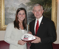 Katy Boyd, The University of Alabama Student Government Association president, presented Senator Sessions with a signed football from Alabama football coach Mike Shula. Boyd, of Enterprise, Alabama, is a senior.