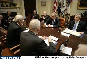 President George W. Bush is joined by Stephen Hadley, National Security Advisor, Vice President Dick Cheney and Chief of Staff Josh Bolten Monday, Nov. 13, 2006, during a meeting with the Baker-Hamilton Commission in the Roosevelt Room of the White House. Members of the Commission include: Lee Hamilton, James Baker, Sandra Day O'Connor, William Perry, Vernon Jordan and Lawrence Eagleburger.  White House photo by Eric Draper