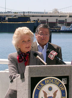 The SAFE Port Act, co-sponsored by Rep. Harman, overwhelmingly passed the House on 5/5/06. The bill will create a dedicated multi-year funding stream for port security projects and direct the Homeland Security Secretary to develop a strategy for cargo and maritime security (pictured here with the late Miguel Contreras).