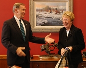 U.S. Senator Craig Thomas greets Mary Bomar just before a meeting to discuss her background and issues facing the National Park Service. Bomar is currently going through the confirmation process before the Senate Energy Committee to be the next director of the NPS.