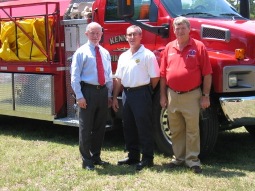 At a Lamar County meeting for emergency first responders, Sen. Sessions meets with (from left) Kennedy Volunteer Fire Department Fire Chief Jimmy Mathis and South Lamar Rescue Squad President Fred Ray Savage. (8/16/06)

