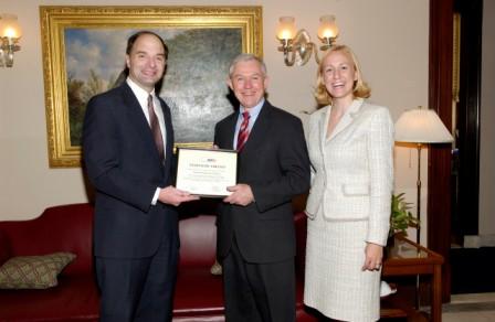 Sen. Sessions is presented with the National Taxpayers Union (NTU) Taxpayers' Friend Award for his votes on legislation affecting taxes, spending and debt in 2005. The award is presented by NTU's president, John Berthoud, and Government Affairs Manager, Kristina Rasmussen. (4/27/06)