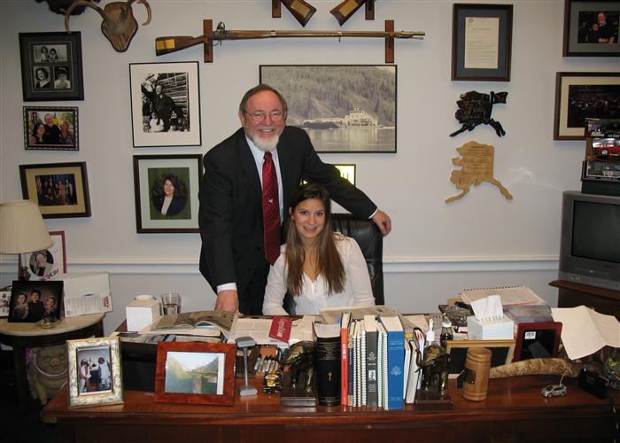 Roseanne Simko from Alaska, while interning in the Senate, visits with Congressman Young 