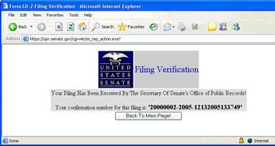 Example image of Senate filing confirmation screen