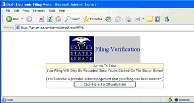 Example image of Senate filing verification screen