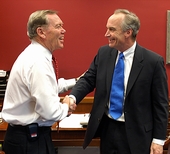 U.S. Senator Craig Thomas shares a laugh with Dirk Kempthorne after a visit with the senator April 3, 2006. Thomas will host Kempthorne on a tour of Casper, Pinedale, and Yellowstone National Park on Aug. 23, 24, 25.