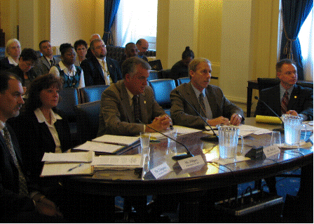 Jack McCoy, Veterans Benefits Administration associate deputy under secretary for policy and program management (center), responds to a question from Disability Assistance and Memorial Affairs Chairman Jeff Miller (R-Fla.) during the September 27 hearing on VAs Pension Program.  Flanking McCoy, from left, John Limpose, VBA Milwaukee Regional Office; Lucy Filipov, Philadelphia Regional Office and Insurance Center; Steve Simmons, Compensation and Pension Service; and Woody Middleton, St. Paul Regional Office. (Photo credit: Ginny Richardson, HVAC minority staff)