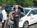 Hoyer is interviewed by Newschannel 8's Cheryl Conner before test driving a hydrogen fuel cell car.