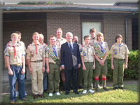 Senator Lugar with the Buffalo Trace Council Boy Scouts in Evansville to award them with the special Veterans History Project patch, which the Boy Scouts designed.