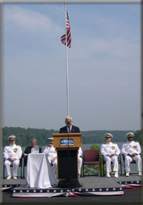 Senator Lugar addressing the Change of Command Ceremony at Crane Naval Surface Warfare Center.