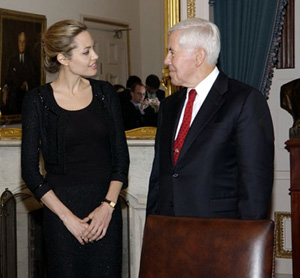 Senator Lugar with United Nations Refugees Agency Goodwill Ambassador and actress, Angelina Jolie. Jolie met with Lugar to discuss the Millennium Development Goals.