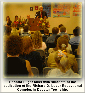 Senator Lugar talks with students at the dedication of the Richard G. Lugar Educational Complex in Decatur Township.