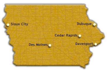 Map - Senator Harkin's offices in Iowa. Offices are located in Des Moines, Cedar Rapids, Davenport, Dubuque, and Sioux City.