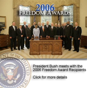 Photo: President George W. Bush meets with recipients of the 2006 Secretary of Defense Employer Support Freedom Award - Click for more details