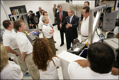 President George W. Bush speaks to employees at Gyrocam Systems in Sarasota, Fla., during an unannounced visit Tuesday, Oct. 24, 2006. Gyrocam Systems is known as an industry leader in airborne surveillance used for both law enforcement and homeland security.  White House photo by Eric Draper