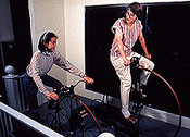 Sue and Rebecca on high-wheel bikes