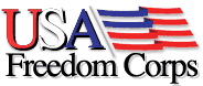 Banner for USA Freedom Corps with an image of an American flag behind the letters.