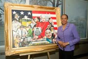 Congresswoman Kilpatrick stands next to Curtis Lewis artistic rendition of Rosa Parks.  Photo taken inside the Rosa Parks Federal Building, December 1, 2005.