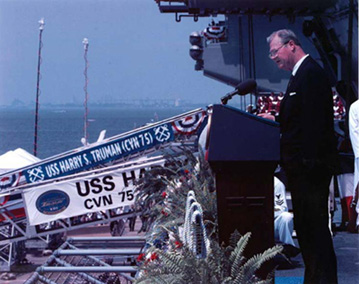 Congressman Skelton speaks at the commissioning of the USS Harry S. Truman on July 25, 1998