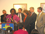 Photo, Congresswoman Tubbs Jones joins with Democratic colleagues (L to R) Ron Pollack,Executive Director of Families USA, Congressman Sherrod Brown (D-OH), and Minority Leader Nancy Pelosi to introduce the "Medicare Rx Drug Benefit and Discount Act of 2003." (Photo by Marie DesOrmeaux)