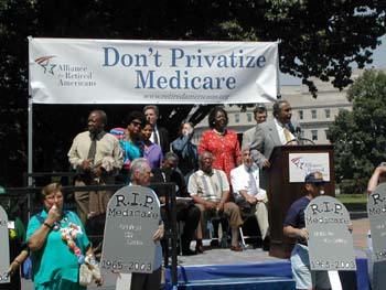 Congresswoman Tubbs Jones joins with Rep. Charles Rangel, other Democratic Colleagues and seniors during a rally to protest the GOP Medicare Prescription Drug Bill 