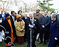 Congressman Ackerman with Taiwan Ambassador Andrew Hsia (r) announcing plan for Taiwan to supply containers and pay the shipping costs for tsunami relief supplies gathered by the New York Buddhist Vihara in Queens Village (January 2005)
