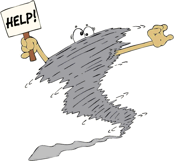 cartoon of tornado holding a sign reading help, link to all about disasters
