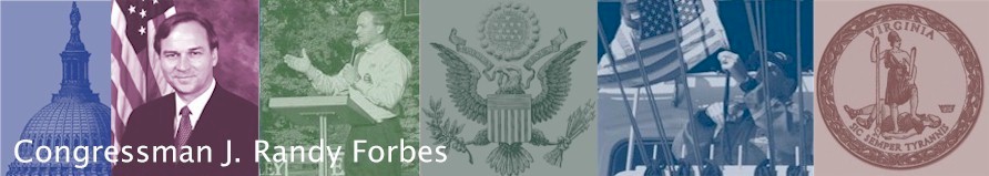 Mosaic Color Banner with pictures of Capitol Dome, Forbes congressional photo, Forbes speaking at a podium, the Congressional Seal, Forbes raising American flag, and Virginia Seal