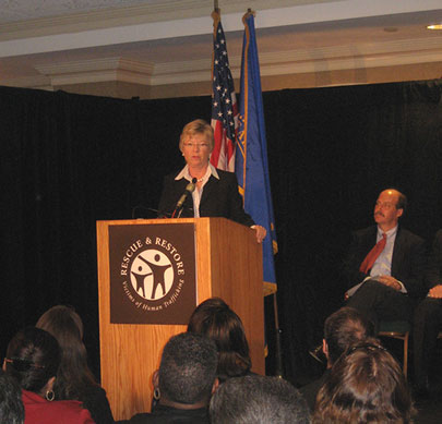 Pryce speaks at an anti-trafficking conference 