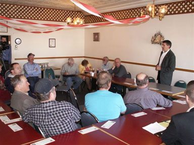 Denny speaks with Liberty County residents at Spuds Cafe' in Chester during one of his regular "Listening Sessions." 