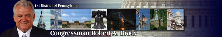 banner for representative robert brady's web site.  congressman's photo and collage of images from the district