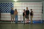 Giese Elementary School's Traveling Flag, a tribute to the victims on 9-11, on display at the Pentagon.  Hand-made stick figures, made by 3rd, 4th, and 5th grade students, make up the flag's stripes and represent each life lost due the tragedy on 9-11.  Pictured left to right: Peter Hammes, Stephanie Hammes, Joan Trine, Larry Trine (Giese Elementary, Racine), and Carey Rountree (Paul Ryan's Office).