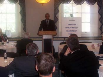 June 3, 2004 -- Jefferson speaks to business leaders from Emerson Manufacturing Corporation. 