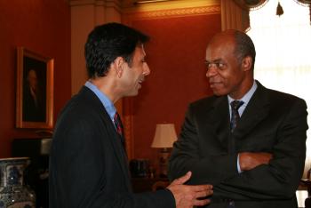 June 18, 2008 -- Congressman Jefferson speaks with Governor Bobby Jindal about Gulf Coast funding in the Emergency Supplemental