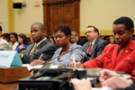 U.S. Reps. Kendrick Meek (D-FL), Yvette Clarke (D-NY) and Donna Edwards (D-MD) testify before the Subcommittee on the Western Hemisphere of the House Committee on Foreign Affairs on September 23, 2008 about recovery efforts in Haiti following the four hurricanes to hit the island nation.