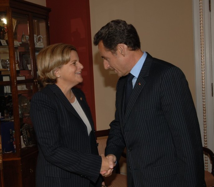 Ranking Member Ros-Lehtinen greets French President Nicolas Sarkozy before a joint session of Congress