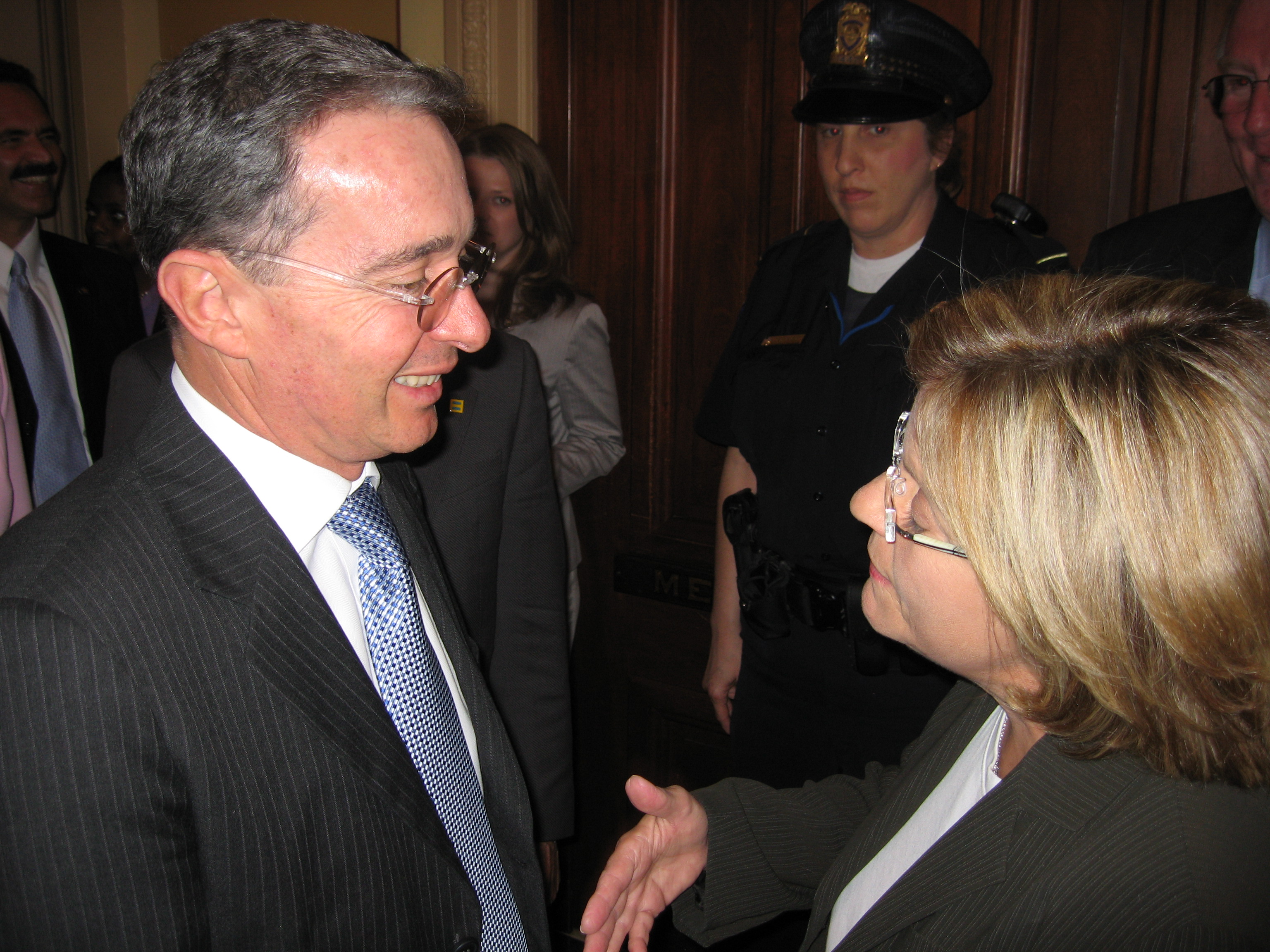 Ranking Member Ros-Lehtinen speaks with Colombian President Alvaro Uribe following a meeting in the Capitol