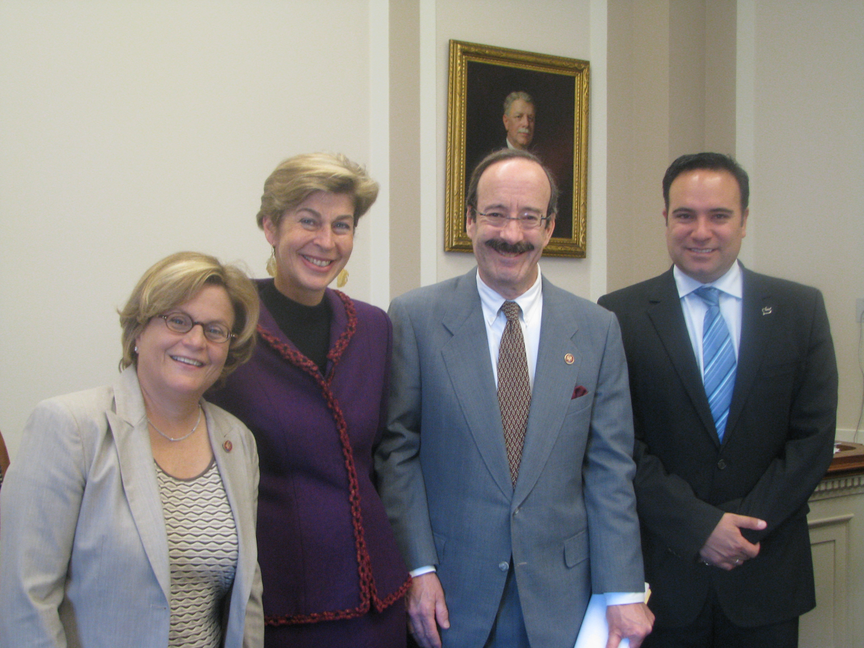 Ranking Member Ros-Lehtinen and Congressman Eliot Engel stand with Colombian Ambassador Carolina Barco and Colombian Trade Minister Luis Guillermo Plata before a meeting to discuss recent Andean border crisis and the U.S.-Colombian Tree Trade Agreement.