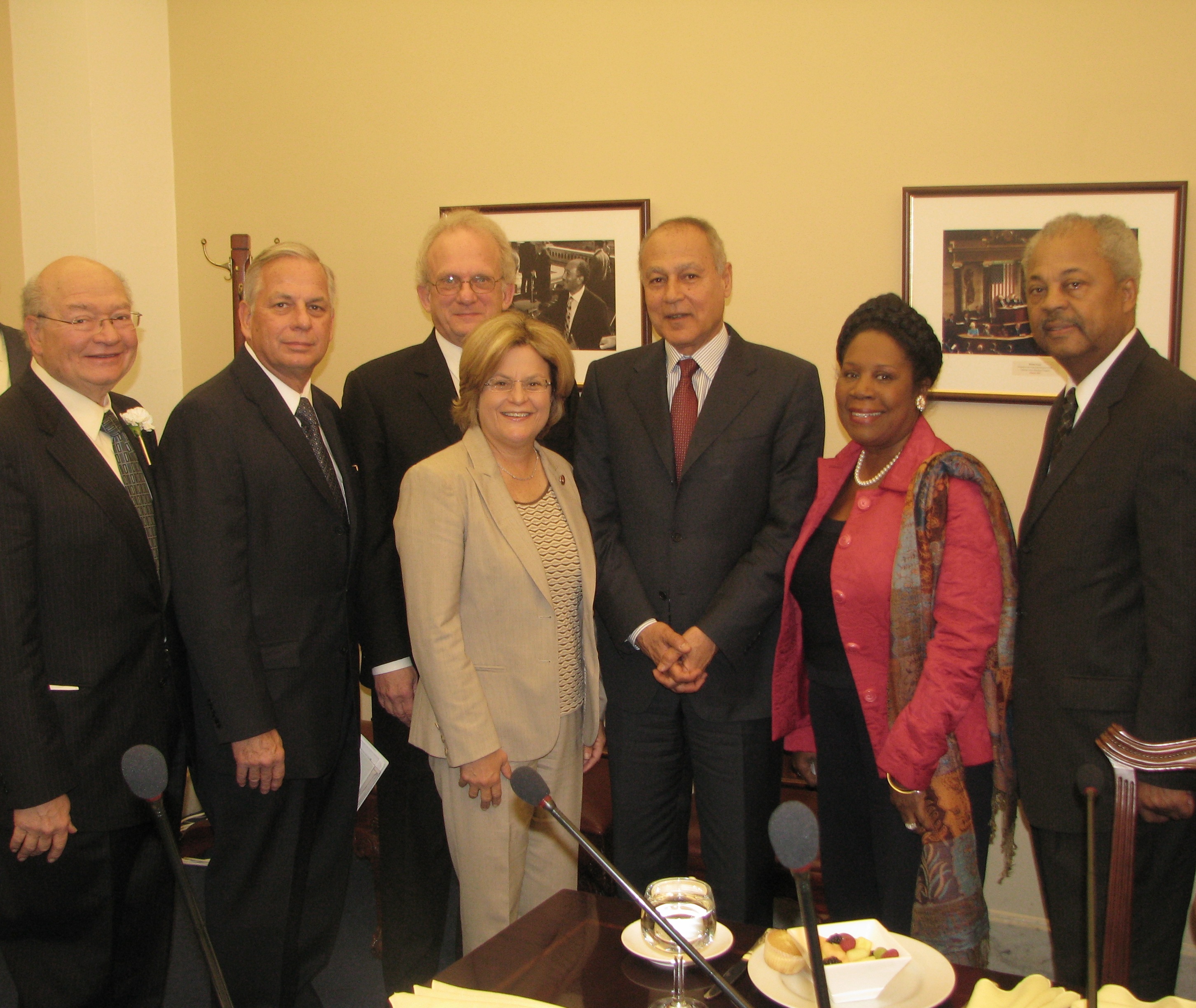 Ranking Member Ros-Lehtinen, Chairman Howard Berman, and fellow Committee Members Rep. Gary Ackerman, Rep. Gene Green, Rep. Sheila Jackson Lee and Rep. Donald M. Payne  stand with Egyptian Foreign Minister Ahmed Aboul Gheit following a meeting in the U.S. Capitol Building.