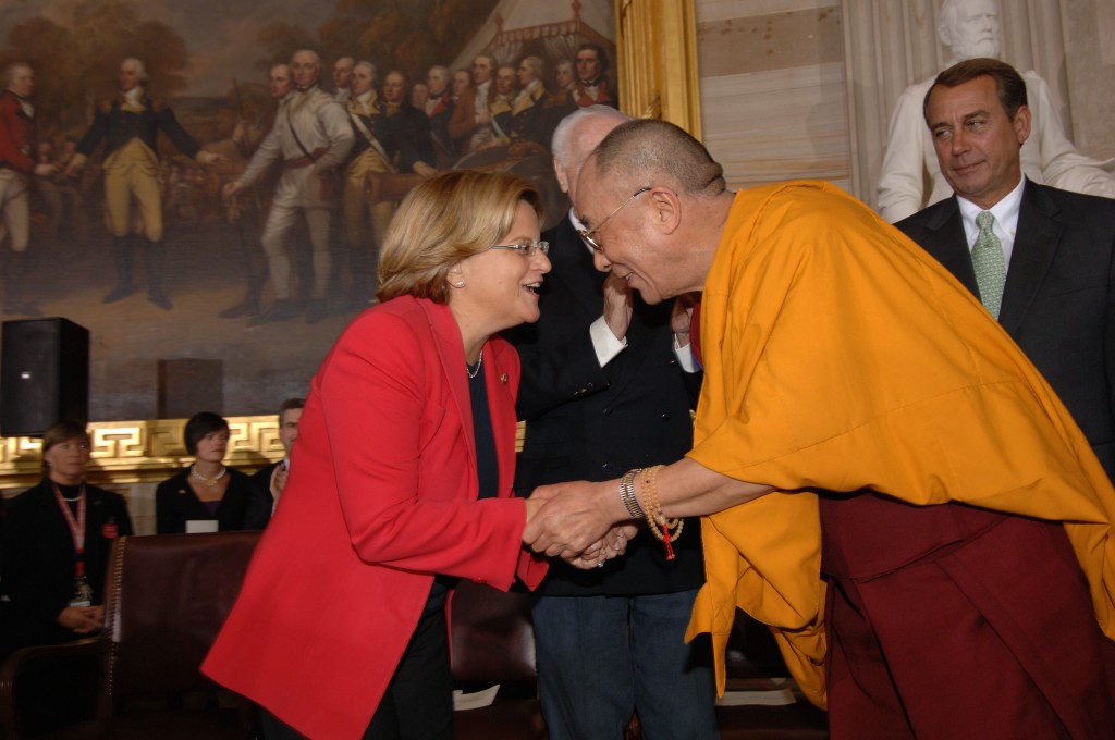 Ranking Member Ros-Lehtinen greets His Holiness the 14th Dalai Lama of Tibet as House Minority Leader John Boehner looks on