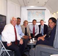Ileana Ros-Lehtinen with Secretary Rice on plane during a fact finding trip to Haiti