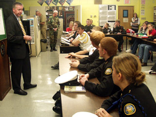 thumbnail image: Congressman Davis speaks to JROTC students at Pendleton County High School